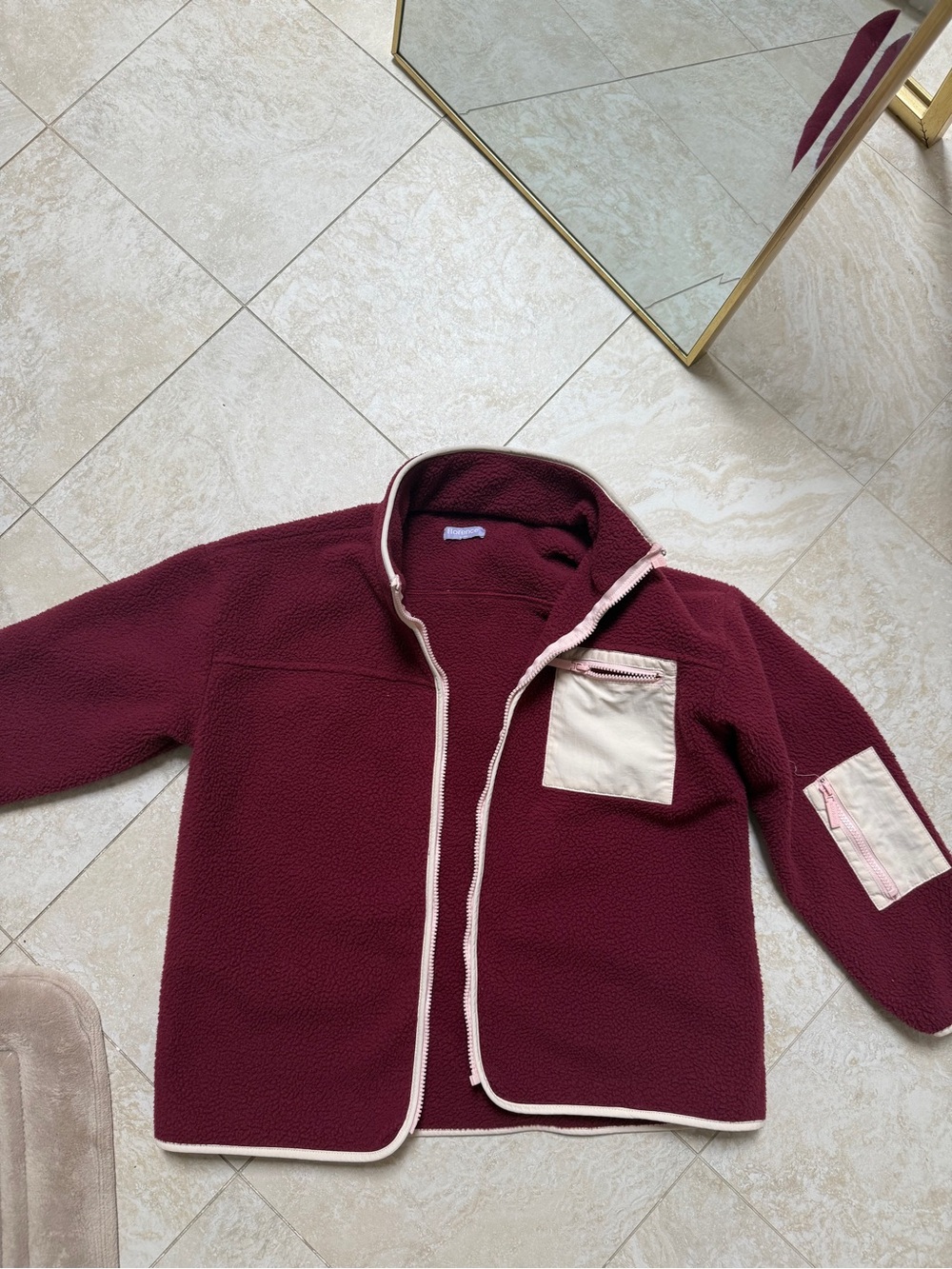 Burgundy fleece jacket with pink accents #fleece #winterwear
